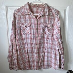 Women’s Western Pearl Snap Button Up Long Sleeve Shirt. Pink & Brown.No Size Tag
